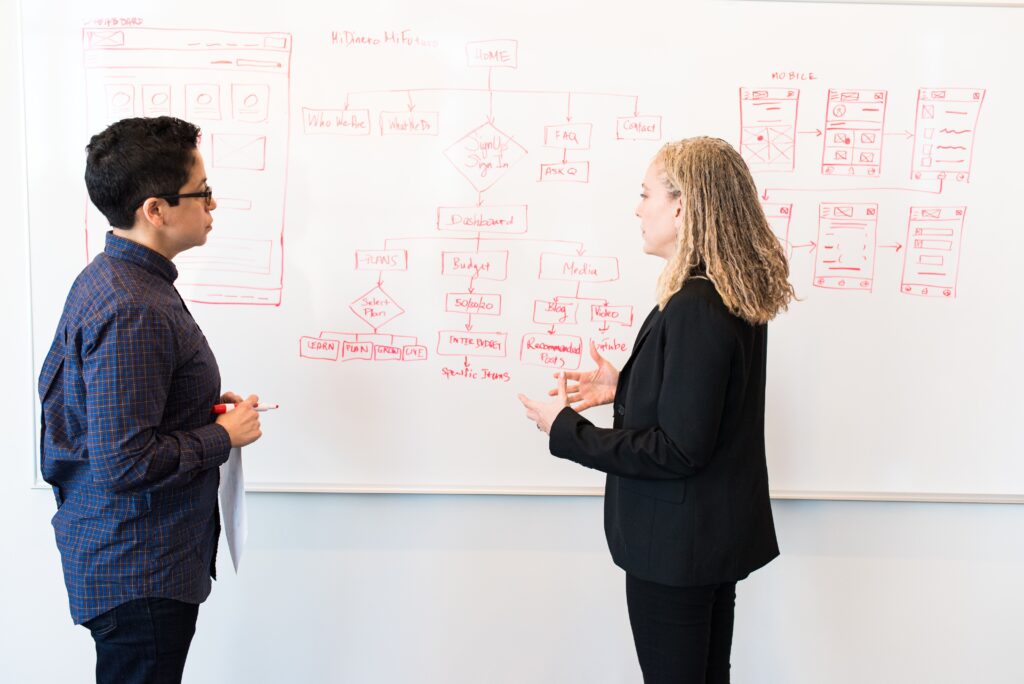 woman explaining process chart drawn on whiteboard to man